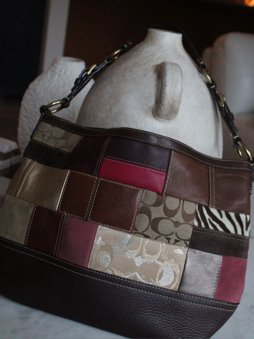 Coach Brown Patchwork Signature Canvas & Leather Shoulder Bag with Gold Hardware